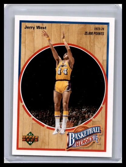 Vintage Jerry West basketball card of Los Angeles Lakers player taking a jump shot