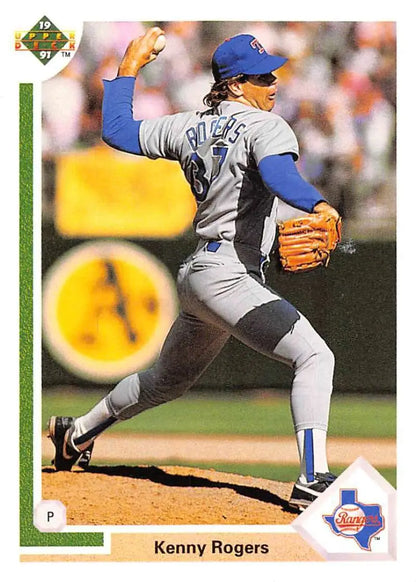 Baseball pitcher Kenny Rogers delivering a pitch in Texas Rangers uniform for a card