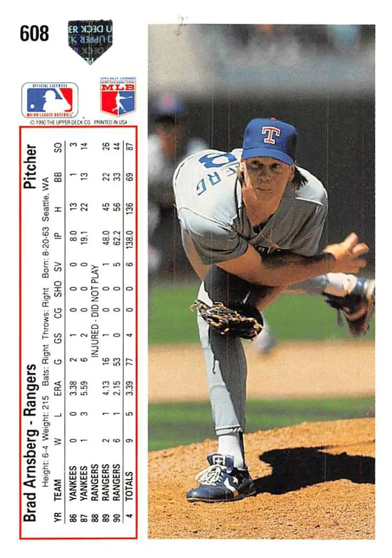 Baseball pitcher Brad Arnsberg mid-delivery in blue and white uniform on Upper Deck card