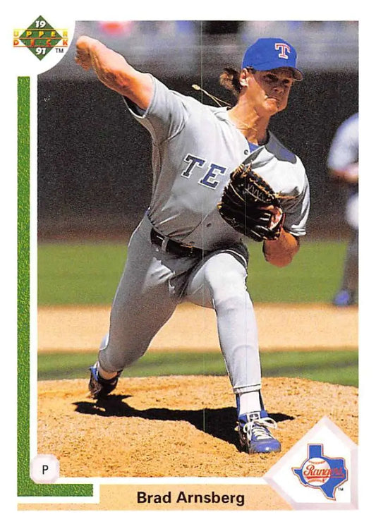 Brad Arnsberg mid-delivery in gray Texas Rangers uniform on Upper Deck baseball card