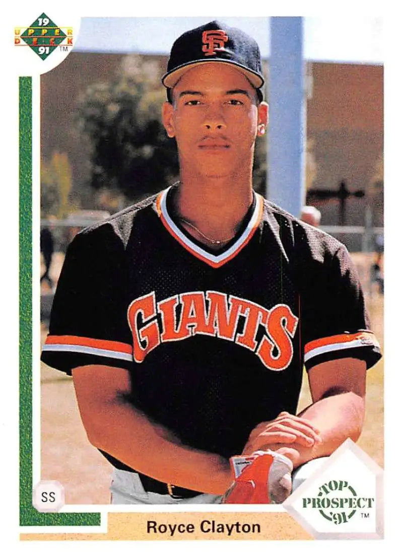 Baseball player in black San Francisco Giants uniform from Royce Clayton baseball card