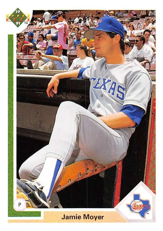 Jamie Moyer in Texas Rangers uniform in dugout on 1991 Upper Deck baseball card