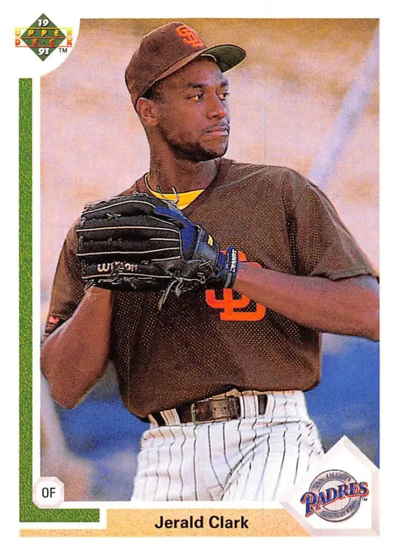 Baseball card of Jerald Clark in a San Diego Padres brown uniform with glove