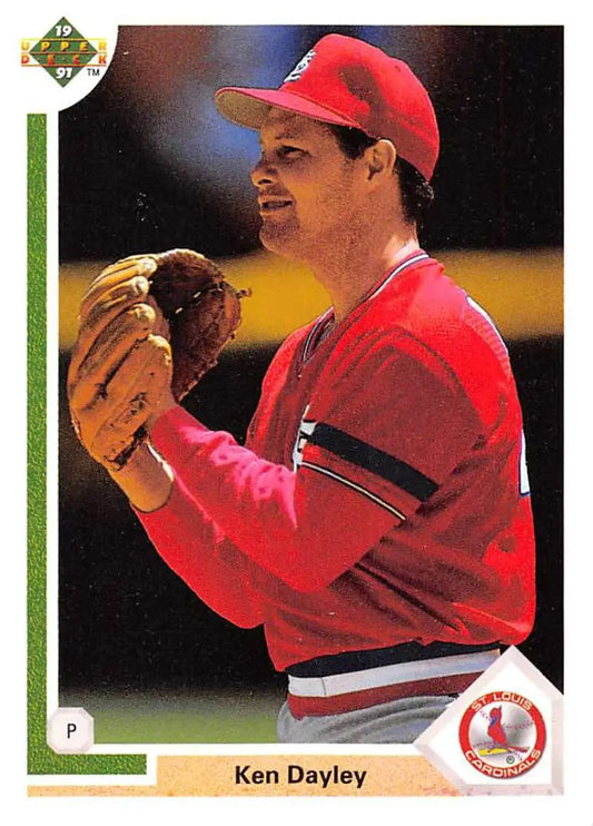 Ken Dayley in red Cardinals uniform holding glove for St. Louis Cardinals baseball card