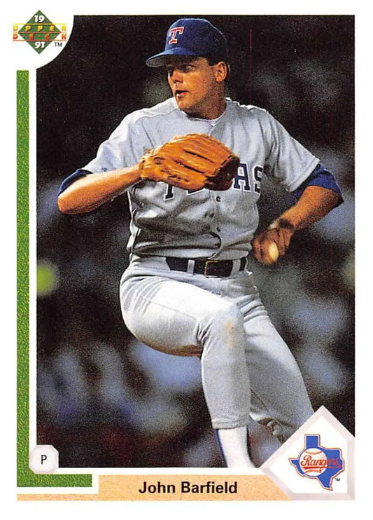 Baseball card of John Barfield pitching in gray Texas Rangers uniform, 1991 Upper Deck