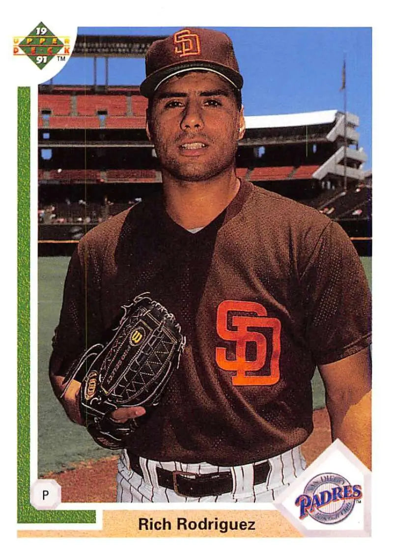 Baseball player in brown San Diego Padres uniform with glove, Rich Rodriguez rookie card