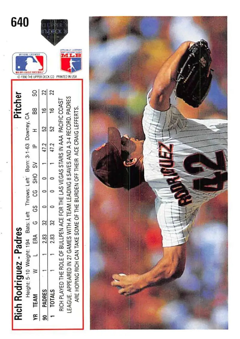 Baseball card of Rich Rodriguez pitching for San Diego Padres, 1991 Upper Deck #640