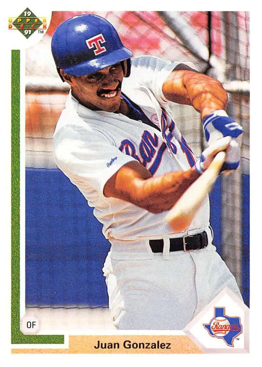 Juan Gonzalez swinging bat in Texas Rangers uniform on 1991 Upper Deck baseball card