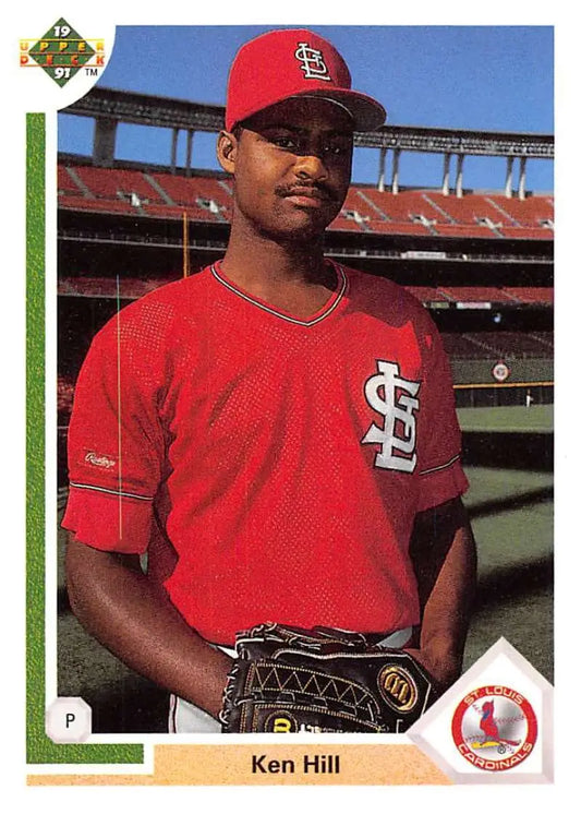 Ken Hill in red St. Louis Cardinals uniform with glove on 1991 Upper Deck baseball card