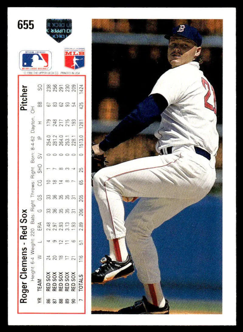 Baseball player in white uniform pitching for Boston Red Sox Roger Clemens card