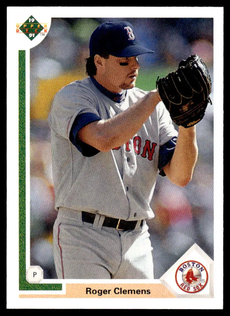 Baseball player Roger Clemens pitching in Boston Red Sox road uniform from 1991 card