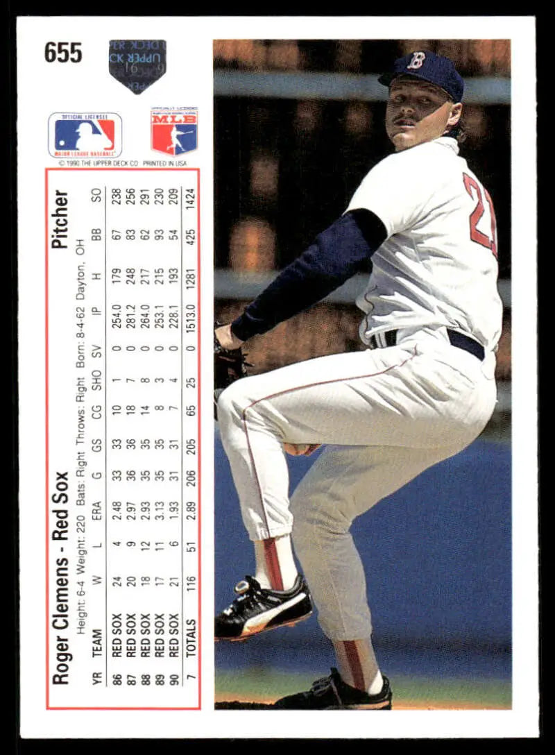 Baseball card of Roger Clemens delivering a pitch for the Boston Red Sox in uniform