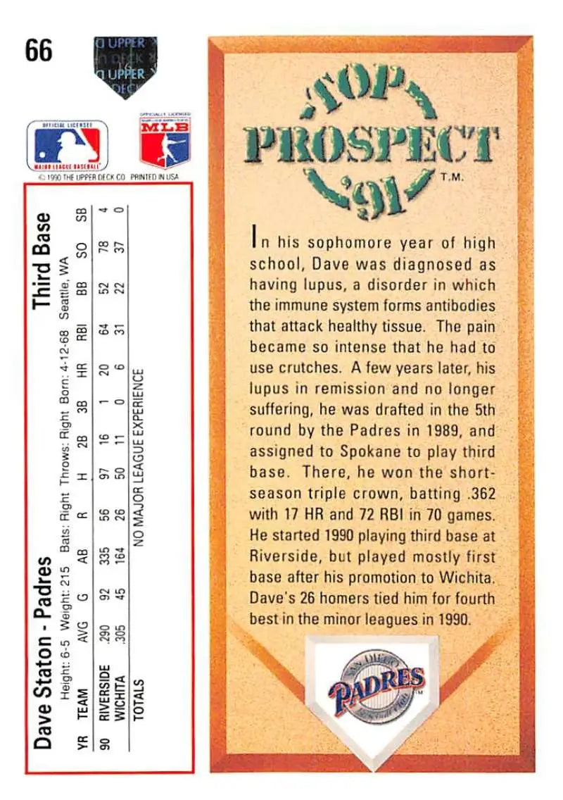 1991 Upper Deck Dave Staton San Diego Padres Baseball Card with player statistics and logo