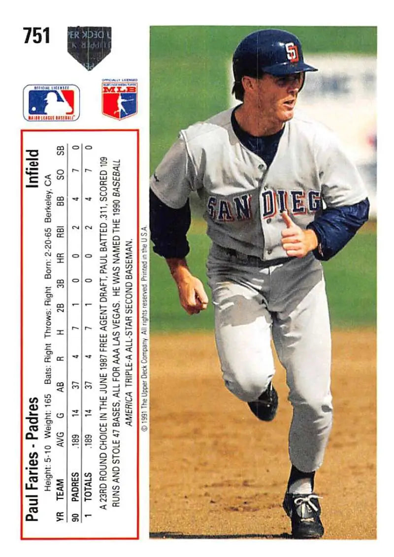 Baseball card of Paul Faries running in gray uniform for San Diego Padres 1991 Upper Deck