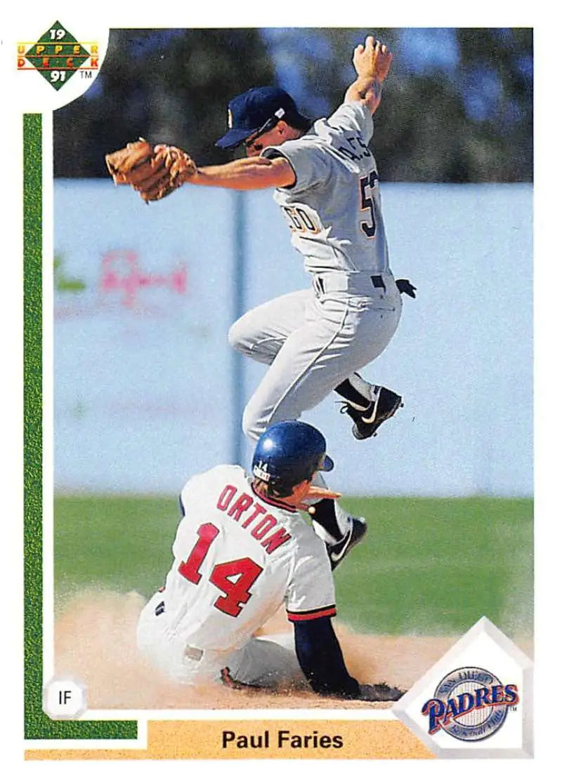 Paul Faries San Diego Padres Baseball Card depicting a fielder’s double play attempt