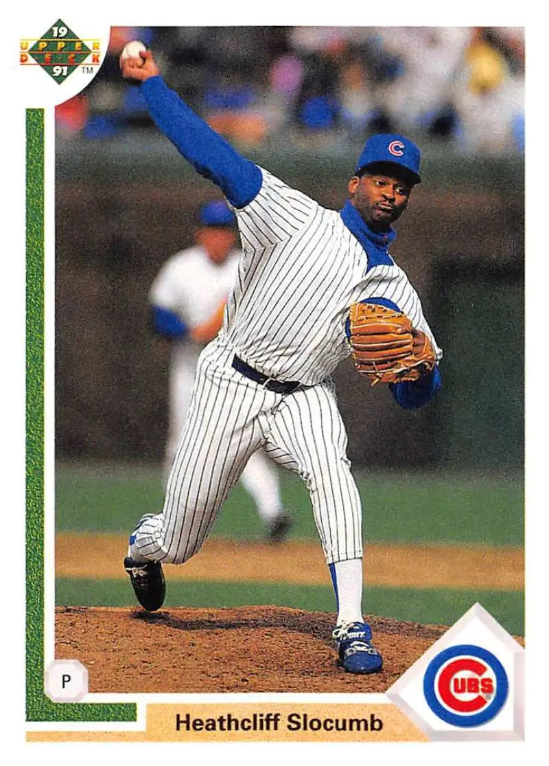 Heathcliff Slocumb pitching for the Chicago Cubs on a 1991 baseball card