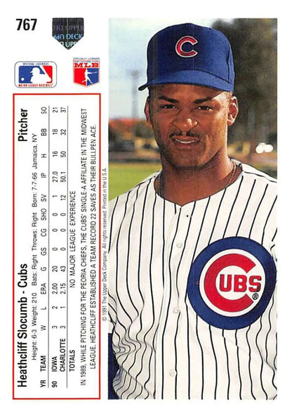 Heathcliff Slocumb in Chicago Cubs uniform on 1991 Upper Deck baseball card