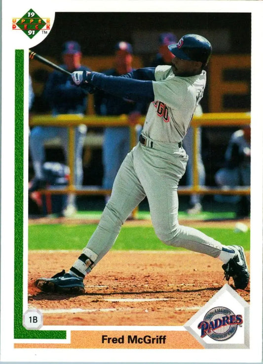 Fred McGriff in a San Diego Padres uniform completing his swing on a baseball card