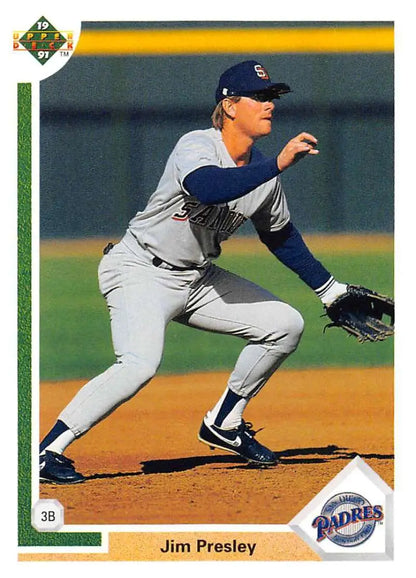 Jim Presley fielding at third base in a San Diego Padres away uniform