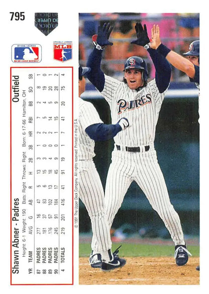 Baseball card of Shawn Abner celebrating in pinstripe uniform for San Diego Padres