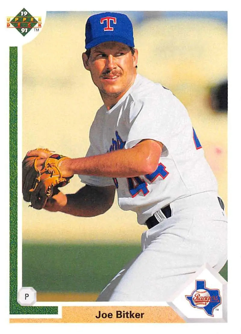 Baseball player in Texas Rangers uniform poised to pitch on Joe Bitker Upper Deck card