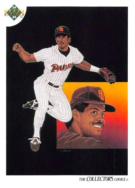 Baseball card of Roberto Alomar in pinstripe San Diego Padres uniform on dark background