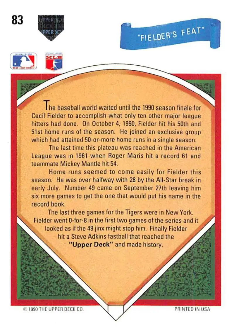 Back side of 1991 Upper Deck Ron Gant baseball card with Fielder’s Feat details and MLB logos