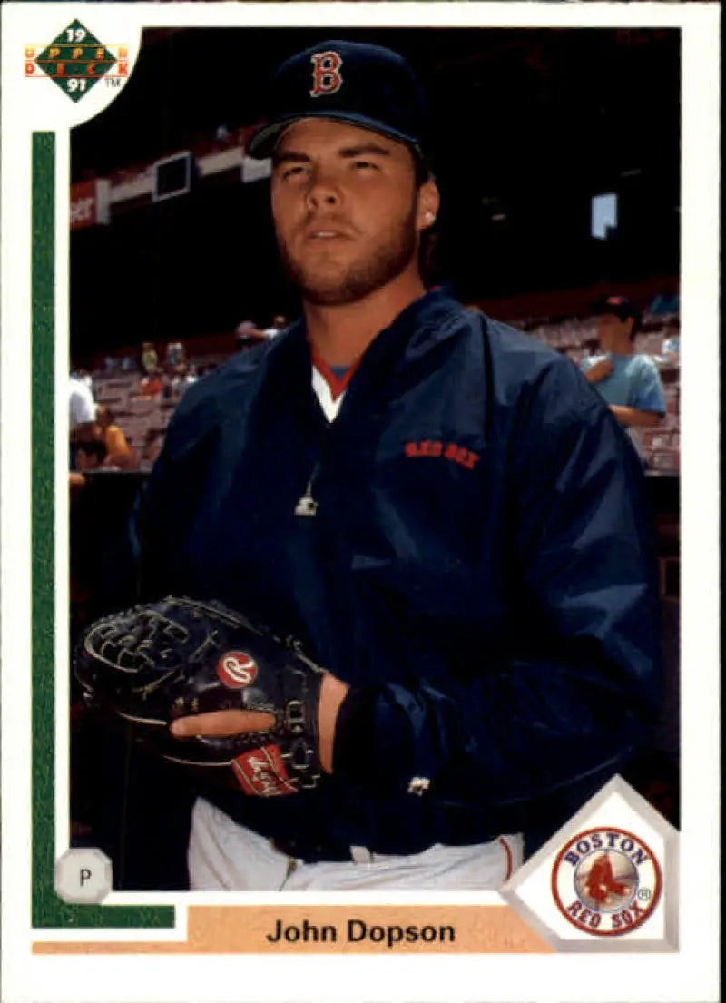 Baseball card of John Dopson in a Boston Red Sox navy warm-up jacket