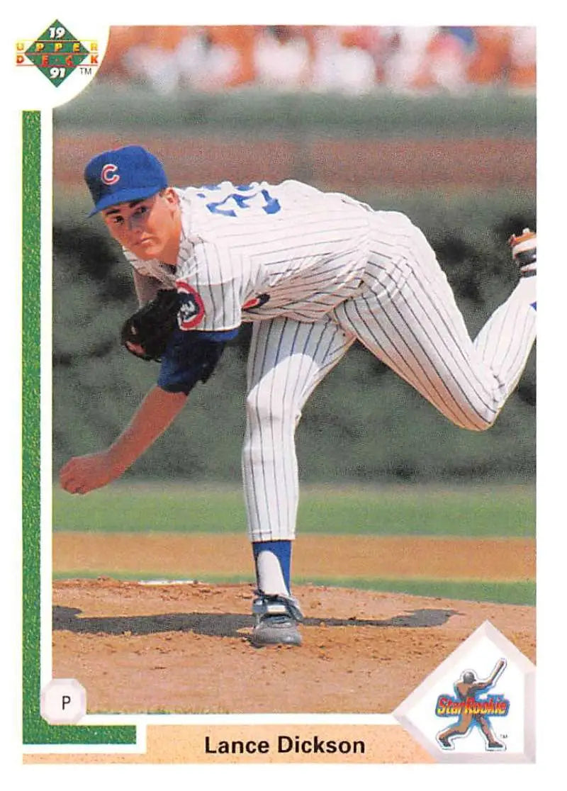 Lance Dickson delivering a pitch in pinstripe uniform for Chicago Cubs baseball card