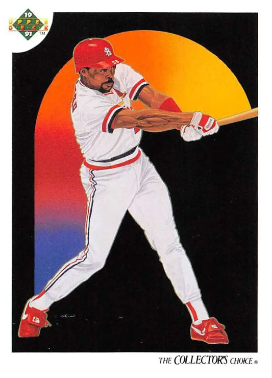 Pedro Guerrero swinging bat in white uniform, vibrant backdrop for Louis Cardinals baseball card