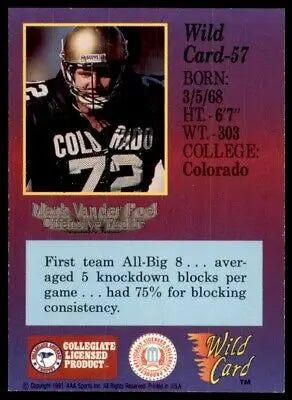 Mark Vander Poel Rookie Colorado Buffaloes 1991 Wild Card Draft Football Trading Card