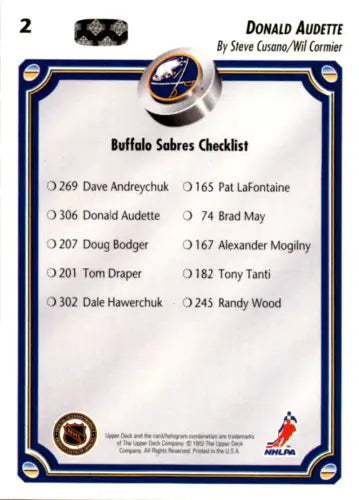 Hockey card checklist for 1992-93 Upper Deck Donald Audette original gloss card