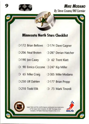 Hockey card checklist for 1992-93 Upper Deck Mike Modano in original gloss condition