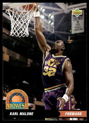 Basketball player dunking featuring Karl Malone from 1992-93 Upper Deck All-Division Team