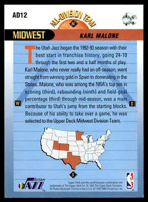 Back of 1992-93 Upper Deck #AD12 Karl Malone All-Division Team basketball card