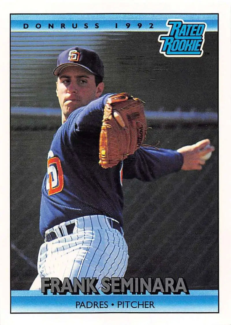 Baseball card of Frank Seminara, San Diego Padres pitcher in navy uniform