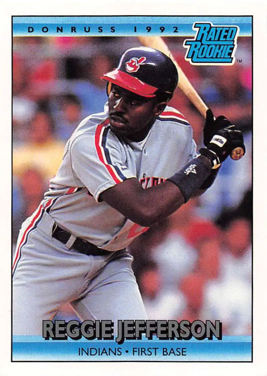 1992 Donruss Reggie Jefferson baseball card of Cleveland Indians first baseman at bat