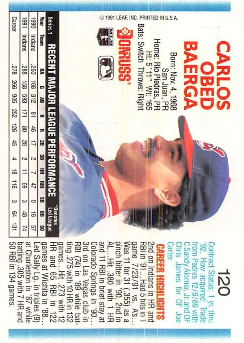 1991 Baseball Card of Carlos Baerga with Cleveland Indians in a red cap on display