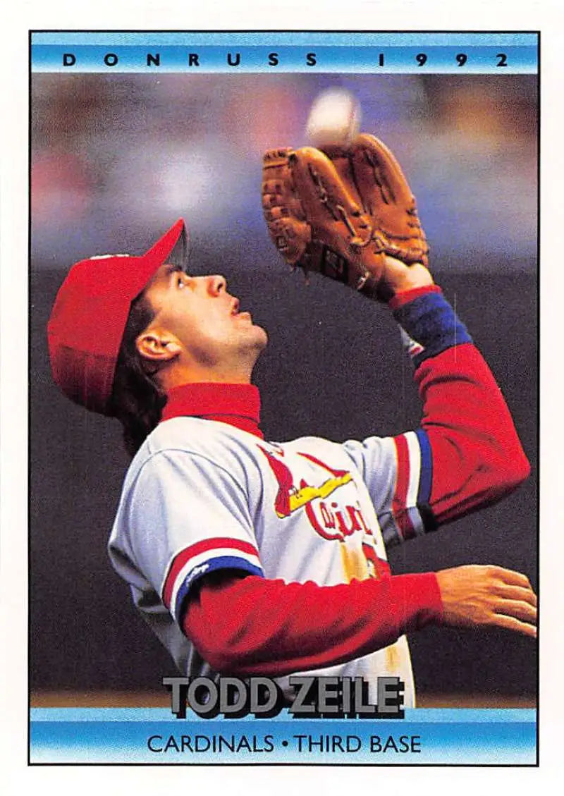 Todd Zeile in Cardinals uniform catching a ball on 1992 Donruss baseball card