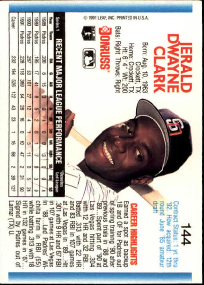 Baseball trading card featuring Jerald Clark of the San Diego Padres from the 1992 Donruss set