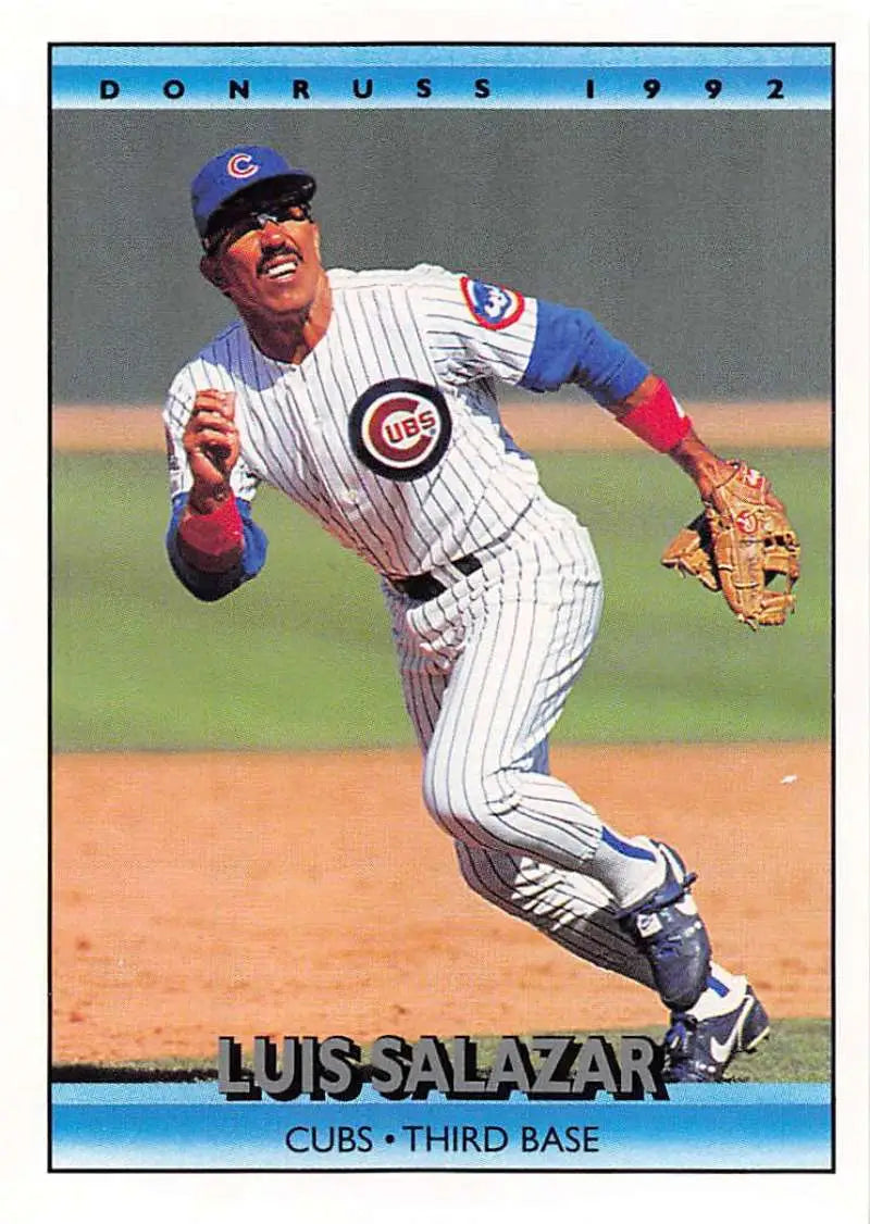 1992 Donruss Luis Salazar Chicago Cubs baseball card, third baseman making a play