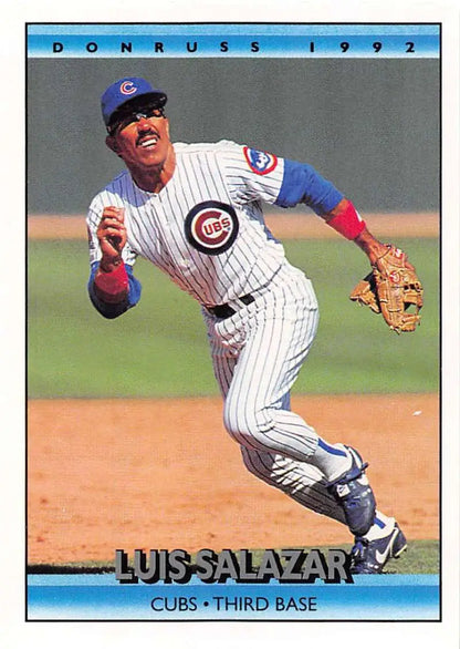 1992 Donruss Luis Salazar Chicago Cubs baseball card, third baseman making a play