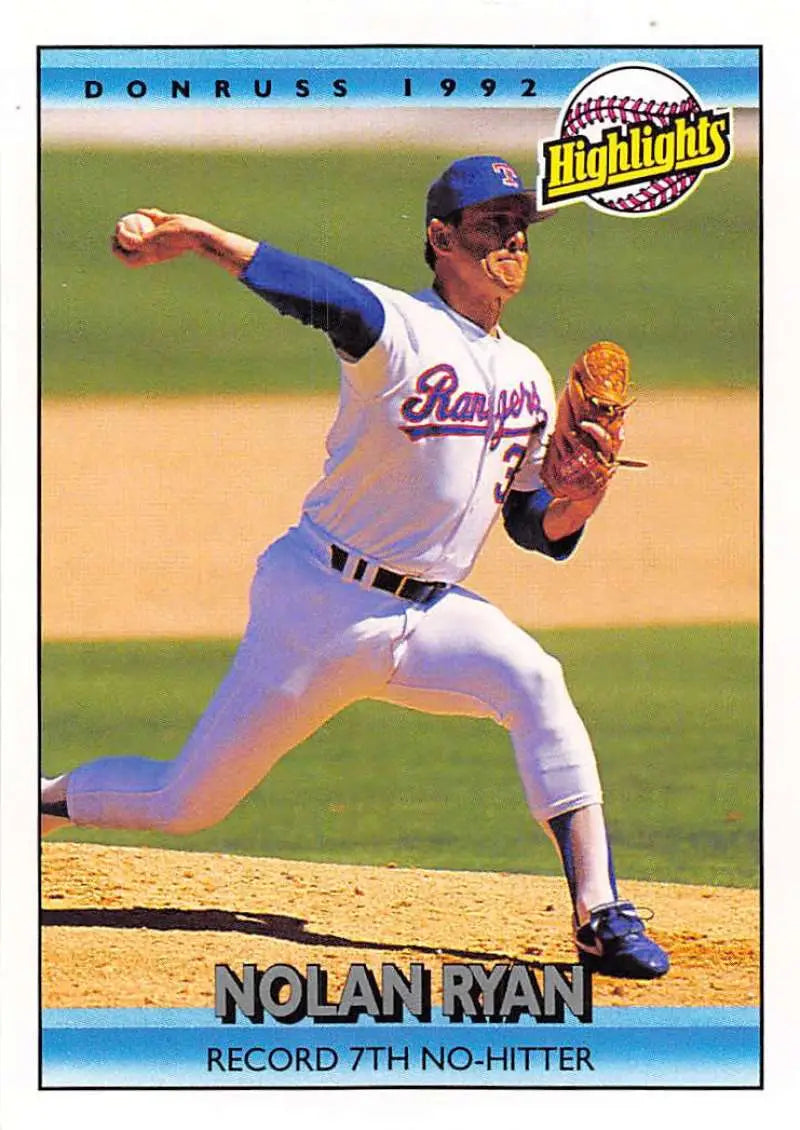 Nolan Ryan mid-delivery in Texas Rangers uniform for 1992 Donruss baseball card