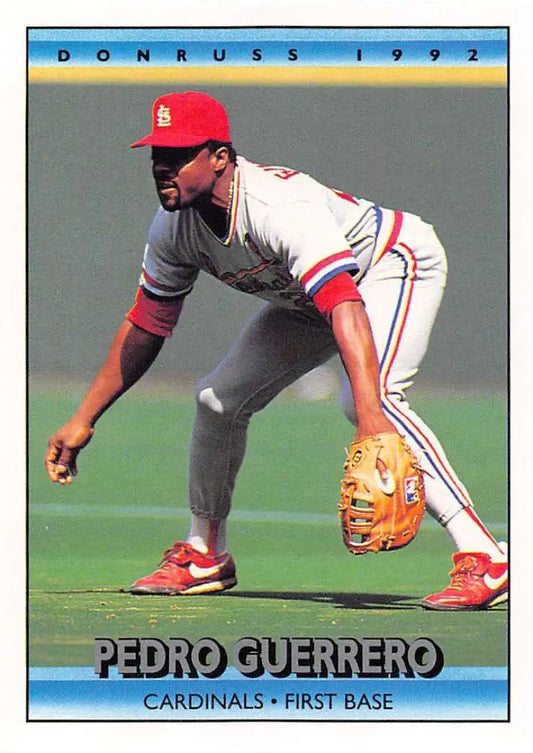 1992 Donruss #158 Pedro Guerrero in fielding stance for St. Louis Cardinals baseball card