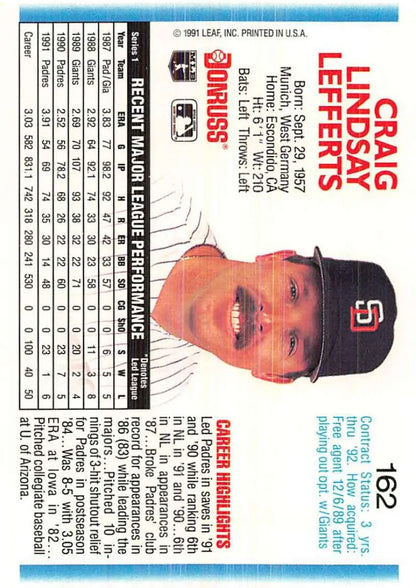 1992 Donruss #162 Craig Lefferts San Diego Padres Baseball Card from 1991 set