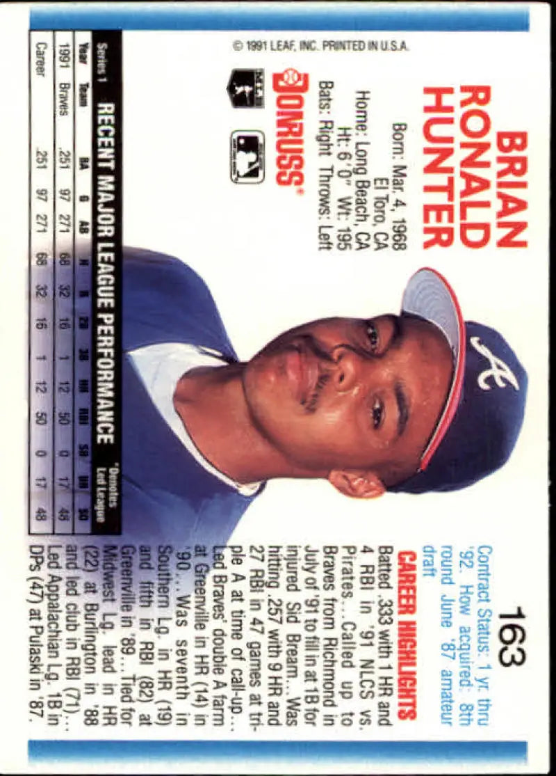 Baseball card of Brian Hunter in blue cap for Atlanta Braves, 1992 Donruss #163