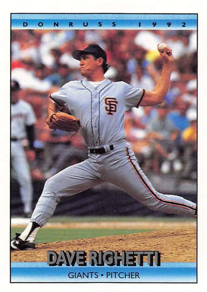 Dave Righetti mid-throw in gray road uniform for San Francisco Giants baseball card