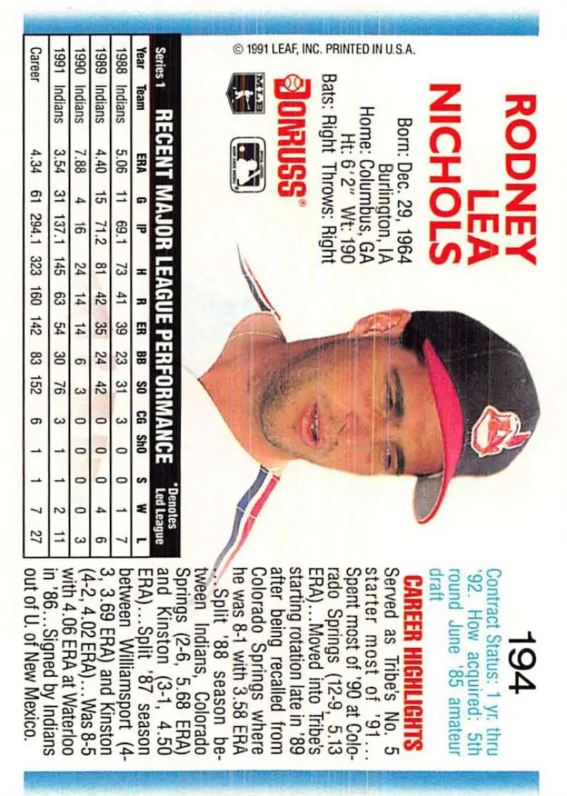 Baseball card of Rod Nichols in red cap for Cleveland Indians 1992 Donruss #194