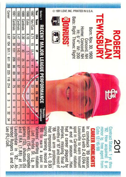 Baseball card of Bob Tewksbury in red St. Louis Cardinals cap for collectors