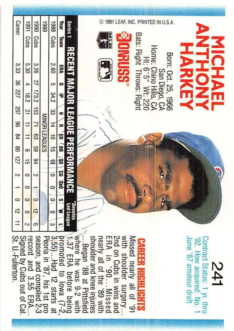 Baseball card featuring Mike Harkey of the Chicago Cubs in a blue cap